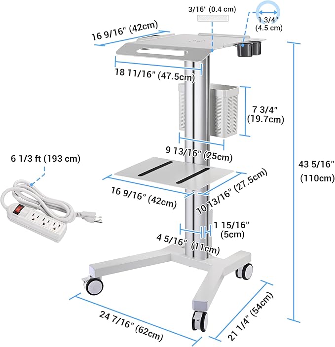 AW Medical Mobile Laptop Cart Rolling PC Stand Ultrasound Imaging Cart Computer Workstation on Wheels with Handle 220 Lbs Capacity CPU Printer Power Strip Holder for Dentistry Clinic Lap Hospital