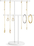 pickpiff Necklace Holder Stand: 2 Tier Jewelry Organizer with Marble Base, Gold Jewelry Tree Display for Bracelets, Rings, Earrings, White