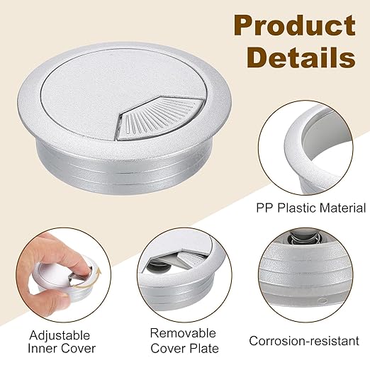 uxcell 8 Pcs 53mm (2.09 Inch) Desk Grommet, Plastic Cable Hole Cover, Wire Cord Cable Organizer for Home Office Computer Desk Cabinet, Silver