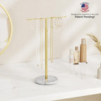 Gold Necklace Holder Jewelry Organizer Stand – Adjustable Height T‑Bar Jewelry Display with White Marble Base, Necklace & Bracelet Holder, Countertop Jewelry Stand