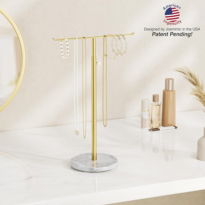 Gold Necklace Holder Jewelry Organizer Stand – Adjustable Height T‑Bar Jewelry Display with White Marble Base, Necklace & Bracelet Holder, Countertop Jewelry Stand