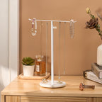 White Necklace Holder Jewelry Organizer Stand – Adjustable Height T‑Bar Jewelry Display with White Marble Base, Necklace & Bracelet Holder, Countertop Jewelry Tree