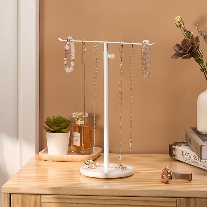White Necklace Holder Jewelry Organizer Stand – Adjustable Height T‑Bar Jewelry Display with White Marble Base, Necklace & Bracelet Holder, Countertop Jewelry Tree