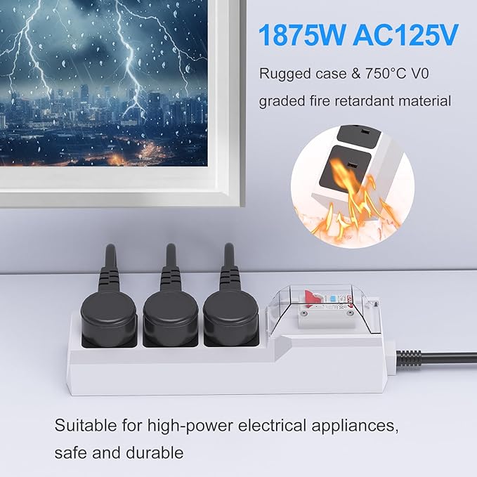GFCI Power Strip with 10ft Heavy Duty Extension Cord, 3 Outlet (1875W/15A) with 30mA RCBO Circuit Breaker for Home, Factory Workshop, Garage, Covered Outdoor