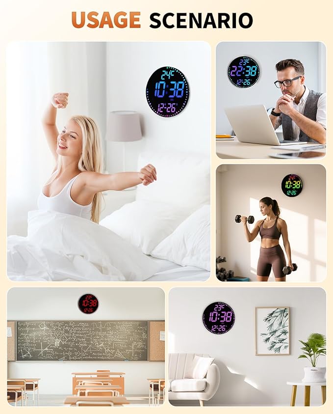 12" Large Digital Wall Mount Clock, Count Down Timer, Alarm, Big LED, 12 RGB Color, Temperature for Living Room Classroom Desk, Xmas, Birthday Gift for Senior Mom Dad (Round)