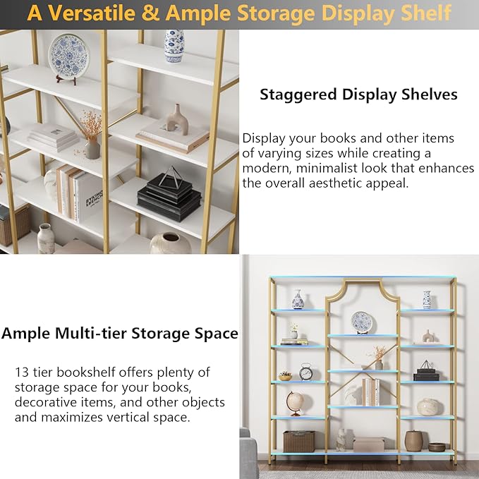 Loomie Triple Wide Bookshelf, 70.87" W/H Large Tall Etagere Bookcase, Modern 13-Open Shelves Geometric Bookshelf, Display Storage Metal Book Case, for Bedroom, Home Office & Living Room, Gold & White