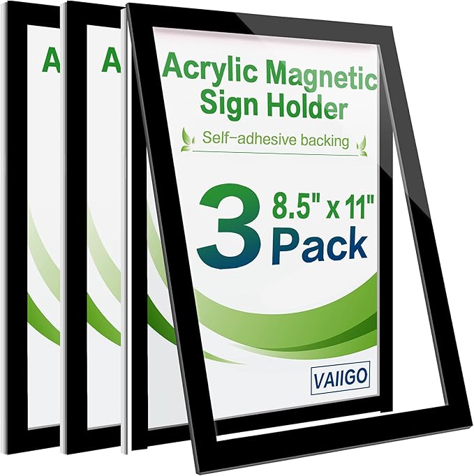 8.5" x 11" Acrylic Sign Holder Wall Mount, Self-Adhesive Magnetic Display Frame with Nano Tape and Strong Magnetic Border for Wall, Door, Glass, Home, Store, Office (Black, 3Pack)
