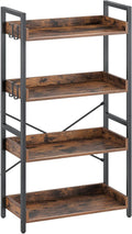 Rolanstar Bookshelf 4 Tier with 4 Hooks, Industrial Wood Bookcase, Vintage Storage Rack with Open Shelves, Rustic Standing Bookshelves Metal Frame Display Rack for Living Room, Bedroom, Rustic Brown
