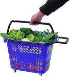 12PCS Plastic Shopping Basket with Handles & Wheels, 35L Rolling Shopping Carts, Grocery Basket with 4 Wheels and Handle, Portable Shopping Baskets for Retail Stores, Supermarkets (12PCS - Blue)