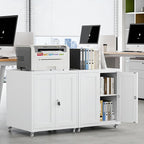 Large Printer Stand with Storage and Lock, 3D Heavy-Duty Printer Cabinet, Printer Table for Home Office with Doors and Adjustable Shelves, for Office Copier and Fax Machine, White