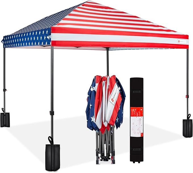 Best Choice Products 10x10ft 1-Person Setup Pop Up Canopy Tent Instant Portable Shelter w/ 1-Button Push, Case, 4 Weight Bags - American Flag