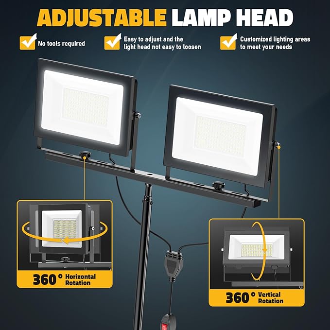 LIVOWALNY 22000 Lumens LED Work Lights with Stand, 2 Adjustable Head 220W Tower Light with 13FT Cord, Portable IP65 Waterproof Tripod Flood Light for Workshop Garage Construction Mechanics Lighting