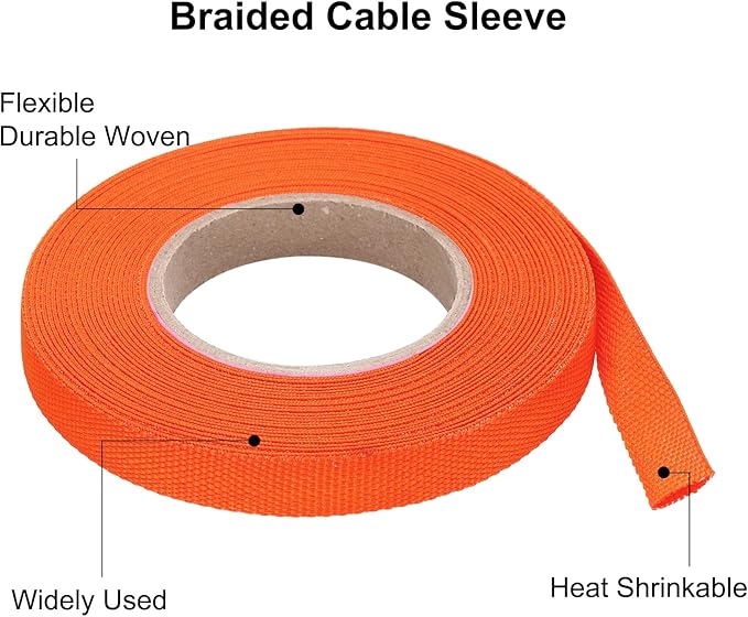 MECCANIXITY Braided Cable Sleeves Heat Shrinkable Fabric Sleeving, 5/16" 26ft Orange 2:1 Ratio Heat Shrinkable Cord Protector for Harness Cable, Network Cable Protection, Cable Management