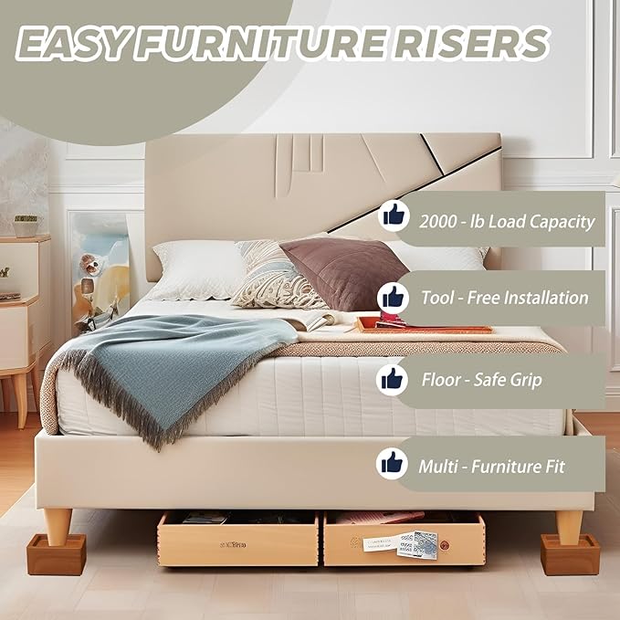 2-Inch Solid Pine Furniture Risers – 2000LBS Capacity, Tool-Free Install, Natural Wood Design for Beds, Sofas & Desks (2 Inch)