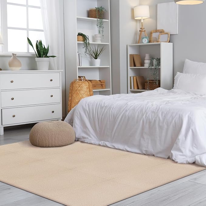 Carpet Tiles Peel and Stick 24” x 24”, Self Adhesive Soft Padded Flooring Stickers, Khaki Home Decor for Bedroom Living Room Office, 10 Tiles & 40 sq ft per Box