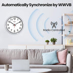 Geevon 10 Inch Atomic Wall Clock - Self-Setting Analog Clock with Automatic Time Sync - Battery Operated for Home Office School - Silver Frame