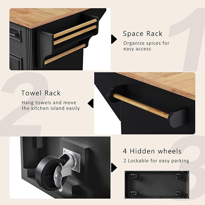 Yayzy Rolling Kitchen Island with Drop Leaf, 4 Cabinet Doors, 3 Drawers & Side Storage Racks, Mobile Kitchen Cart with Rubberwood Top & Locking Wheels for Dining Room & Kitchen, 54-Inch, Black