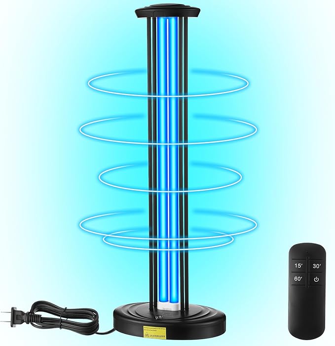 Qualirey 100W UV & Ozone Sanitizer, High Power Room Disinfection Light with 3 Level Timer & Remote, Whole Room Disinfection for Large Spaces, Offices & Basements