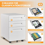 3 Drawer File Cabinet, Fully Assembled Mobile File Cabinets with Lock for Home Office, Metal Rolling Filing Caninet on Wheels, Three Drawer Under Desk Cabnet for Letter/Legal / A4 - White