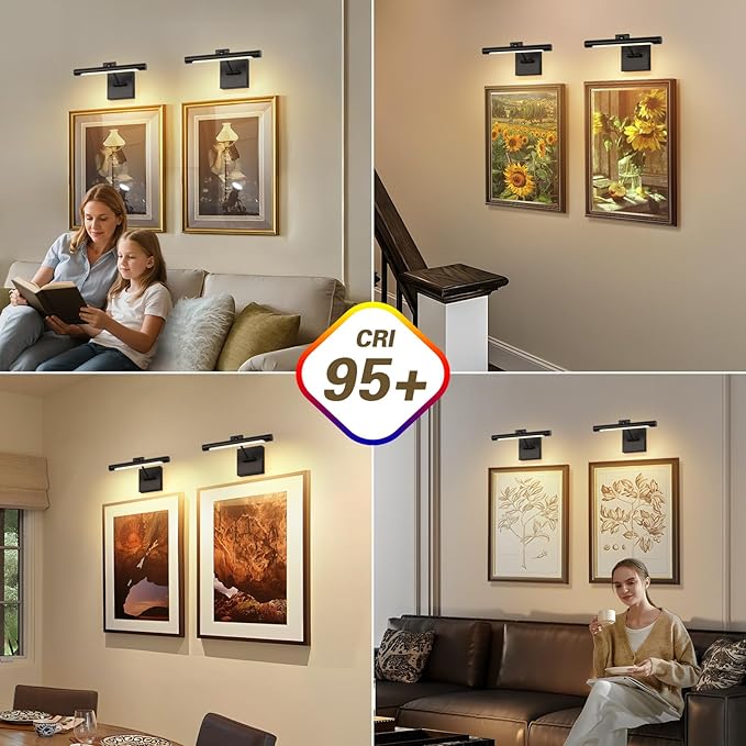 Joosenhouse Battery Operated Picture Light (2-Pack), 5000mAh Rechargeable Wall Light, Wireless Art Display Light with Remote Timer and Dimmer, 12.6-Inch Black Painting Light