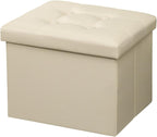 AmasSmile Storage Ottoman Folding Foot Rest Stool, Leather Footstool Bench, Short Ottoman Stool, Storage Foot Rest Store, Books (Beige, 17" D x 13" W x 13" H)