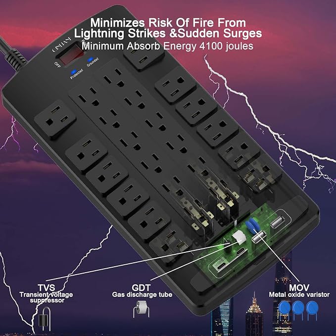 Surge Protector Power Strip - QINLIANF 15Ft Flat Plug Heavy Duty Extension Cord with 24 Outlets and 4 USB Ports(1 USB-C Ports), 1875W/15A, 4100J, for Home, Office, Dorm, ETL Listed, Black