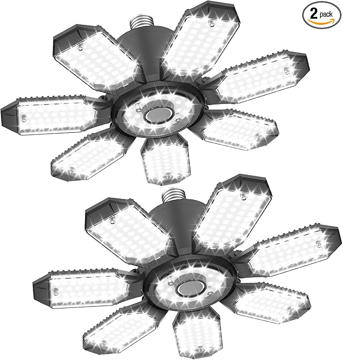 TANBABY 250W LED Garage Lights 2 Pack, Total 30000LM Deformable Best Ceiling Light with 7+1 Panels, E26/E27 Screw in Bulbs for Basement, Attic