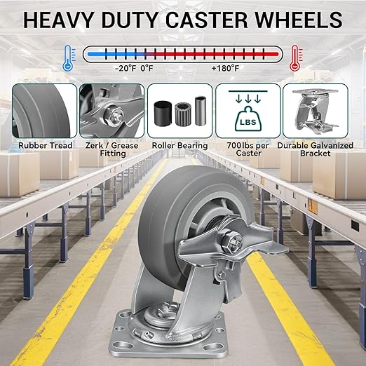 5'' × 2'' Caster Wheels, Heavy Duty Industrial Casters Set of 4 Rubber Wheels, Load 2800lbs Capacity, Swivel Caster for Cart Dolly Toolbox (2 Brake & 2 Rigid)