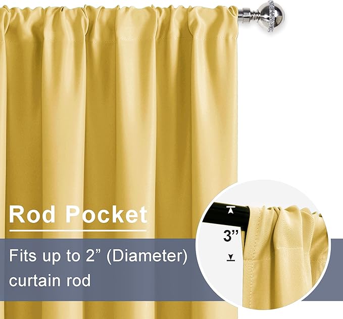 JIUZHEN Blackout Curtains – Thermal Insulated,Noise Reducing Room Darkening Soundproof Drapes for Living Room,Bedroom, Set of 2 Panels with Tiebacks, 42 x 84 inch Long, Light Yellow