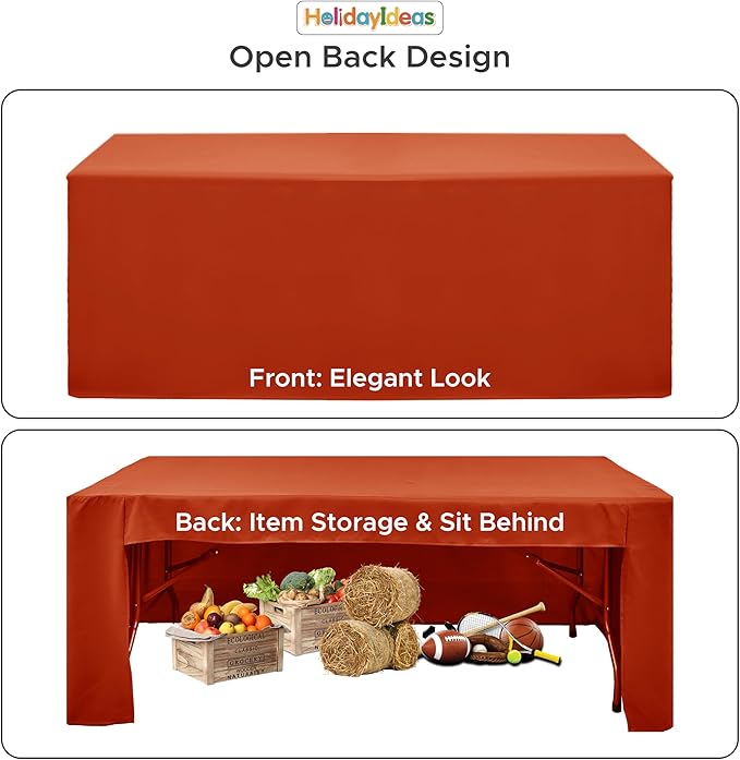 HolidayIdeas 4 Pack 3-Sided Christmas Fitted Tablecloth for 8ft Tables, Open Back Rust Table Cover for Vendor Booth Display, Craft Fair, Trade Show, Allows Seating & Easy Access Storage
