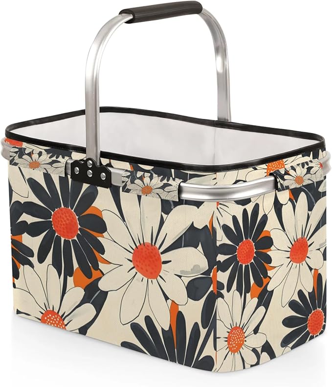 Collapsible Picnic Basket with Handle, Shopping Basket Aluminum Frame, Grocery Basket Tote for Women, Farmers Market Basket, Harvest Baskets Camping Travel Portable Beach Bag (Flower Orange)