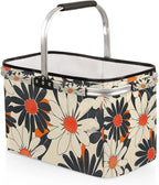 Collapsible Picnic Basket with Handle, Shopping Basket Aluminum Frame, Grocery Basket Tote for Women, Farmers Market Basket, Harvest Baskets Camping Travel Portable Beach Bag (Flower Orange)