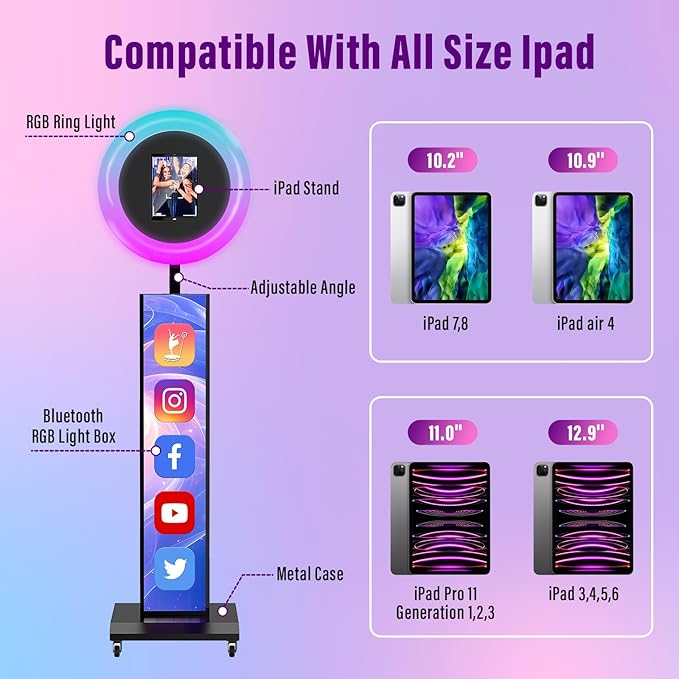 JIYANG Portable Photo Booth Stand Shell with Light Ring,Fits for Any Size iPad, Photo Booth Shell with Flight Case,Black Selfie Photo Booth with Chacktok Software Perfect for Wedding