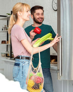Woanger 24 Pcs Reusable Cotton Mesh Produce Shopping Bags Washable Grocery Net Portable Fruit and Vegetable Cotton String Bags Long Handle Net Tote Organizer(Long Handle)