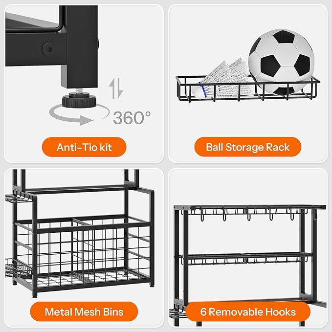 HOOBRO Sports Equipment Garage Organizer, Ball Storage Rack with Basket, Heavy Duty Ball Holder with Hooks, for Outdoor, Garage, Club, Basement, Black BK80JJ01