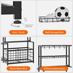 HOOBRO Sports Equipment Garage Organizer, Ball Storage Rack with Basket, Heavy Duty Ball Holder with Hooks, for Outdoor, Garage, Club, Basement, Black BK80JJ01
