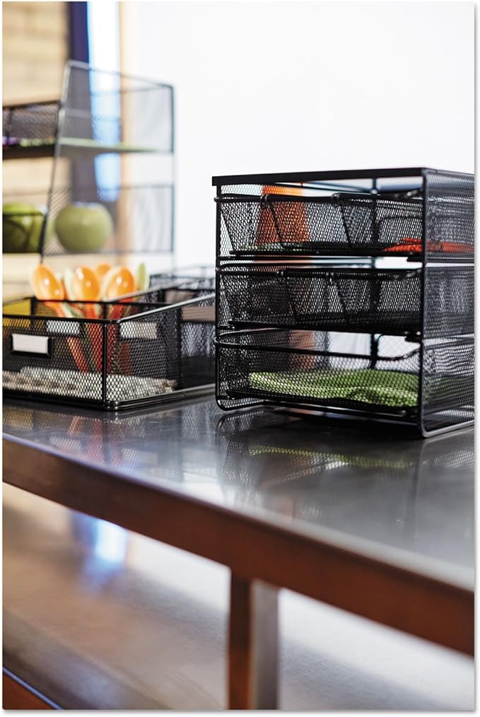 Safco Onyx Hospitality Organizer, 3 Drawers, For Snacks, Coffee Pods, Sugar Sweetener, Stirrer, Napkins and More, Steel Mesh, Black