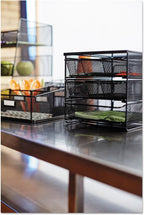Safco Onyx Hospitality Organizer, 3 Drawers, For Snacks, Coffee Pods, Sugar Sweetener, Stirrer, Napkins and More, Steel Mesh, Black