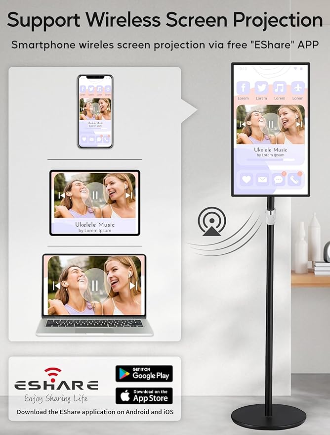 15.6" Digital Signage with Battery, Capacitive Touchscreen Advertising Display, Commercial LCD Monitor with Stand, Auto Play, Wireless Screen Mirroring, 2+32GB, Black