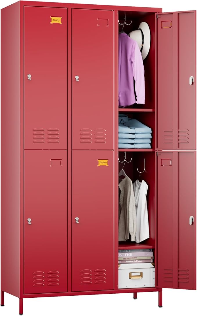 Aobabo Metal Locker for Employees, 6 Doors Metal Locker Cabinet with Lock, Industrial Storage with 18 Hooks, Storage for Home, Office, Gym, Assembly Required, Red