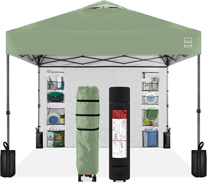 Best Choice Products 10x10ft Easy Pop Up Canopy w/Side Wall, 10 Pockets, Portable Carrying Case, 1-Button Setup, 4 Weight Bags - Sage Green