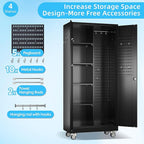 Garage Storage Cabinet with Wheels and 5 Pegboard, Metal Storage Cabinets with 2 Doors and 4 Shelves, Broom Closet Storage Cabinet with Hanging Rod and 13 Hooks, 70.87" Hx33.5 Wx17.7 D, Black