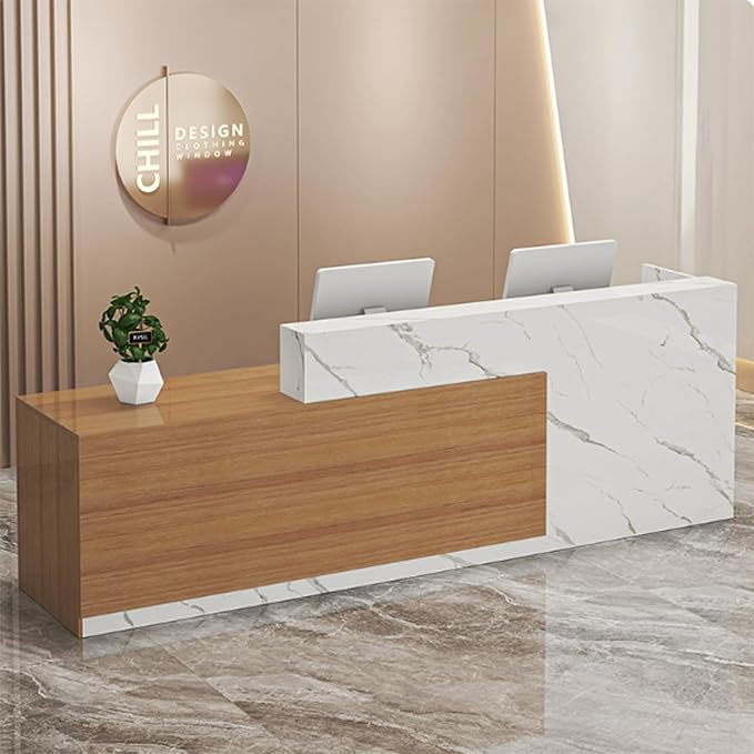 Wood Reception Desk Marble Stone with Checkout Retail Counter L Shaped Modern Mostrador para Negocio Office Desk Closed Front with Storage Drawers for Barber,Salon,Clothing Store