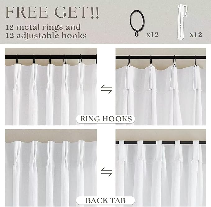 Extra Wide 102 Inch Long Curtains 70 Inch Width Pinch Pleat Linen Curtains for Living Room BedroomLight Filtering Privacy Pleated Hooks Rings Back Tab for Sliding Door White 1 Panel
