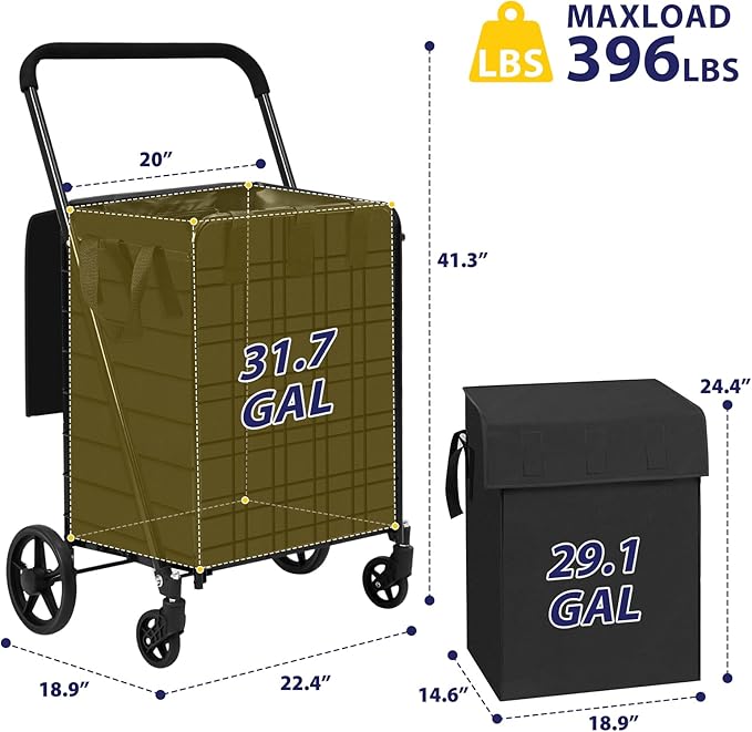 Shopping Cart for Groceries, 396 LBS Super Capacity Folding Utility Cart with Waterproof Liner, 360° Rolling Swivel Wheels Collapsible Cart, Heavy Duty Trolley for Laundry, Groceries (Jumbo+Bag)