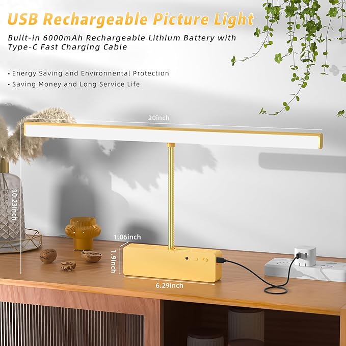 Lightbiz Picture Light, 20inch 6000mAh Rechargeable Picture Lights for Wall Battery Operated Wall Lights with Remote, 3 Colors Paintings Light Dimmable Art Light for Artwork, Gallery (Gold)
