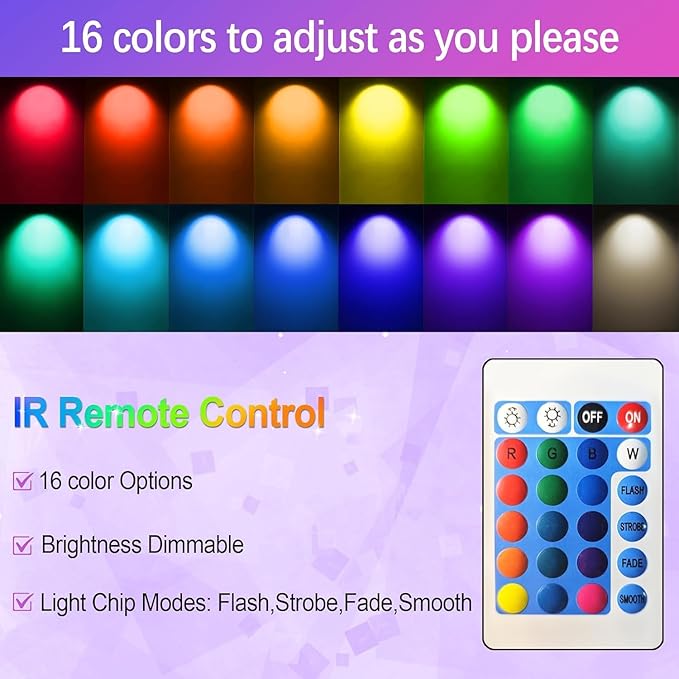 GU10 16-Color RGB Track Lighting Heads (12-Pack GU10) – IR Remote Control Color-Changing Ambient Lights, Perfect for Living Room, Home Parties, Nightclubs and Bars