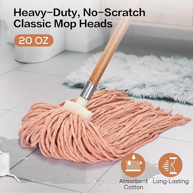 Matthew Cleaning Screw-on Heavy Duty Cotton Wet Mop Replacement Heads(Orange, Medium,6 Pack) with 2 Pack Microfiber Cloth for Residential & Commercial Floor Cleaning Use- Fit Standard American Screw
