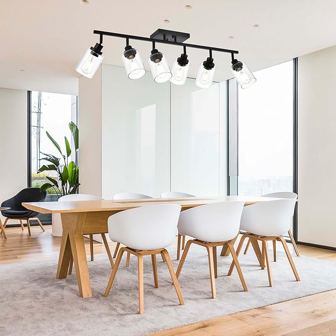 6-Light Track Lighting Kit Black Track Lighting Fixtures Bathroom Wall Sconces Ceiling Mount Kitchen Tracking Lights, Rotatable Spotlight with Clear Glass Shade for Kitchen Shop Hallway