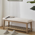 Entryway Bench, Chenille Upholstered Shoe Benches for Bedroom, Ottoman Bench with Solid Wood Shelf, Storage Benches for Hallway, Living Room(Beige)